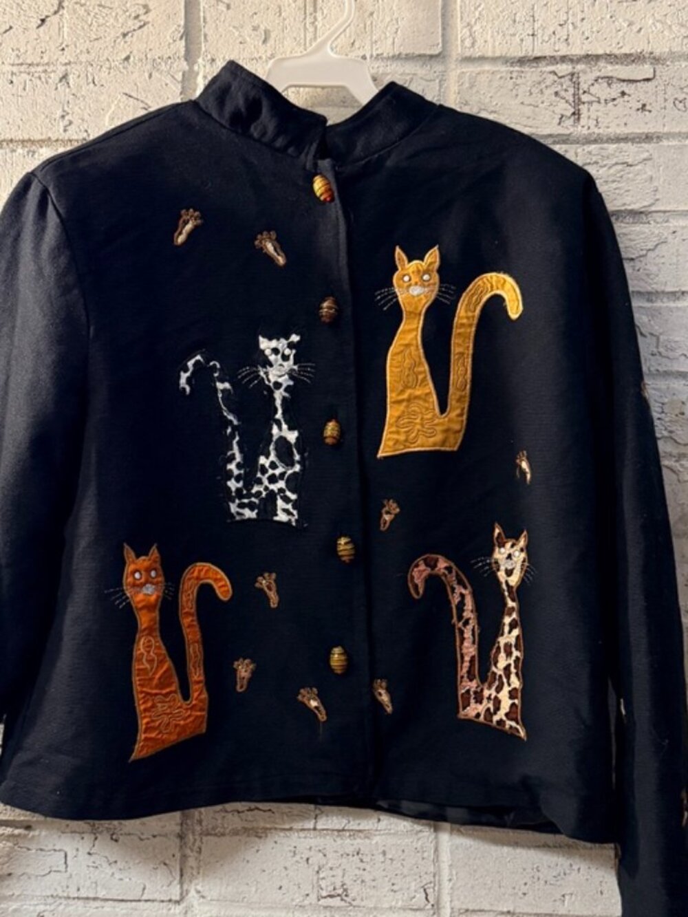 Vintage Black Cat Applique Jacket Embroidered Art to Wear Novelty Blazer